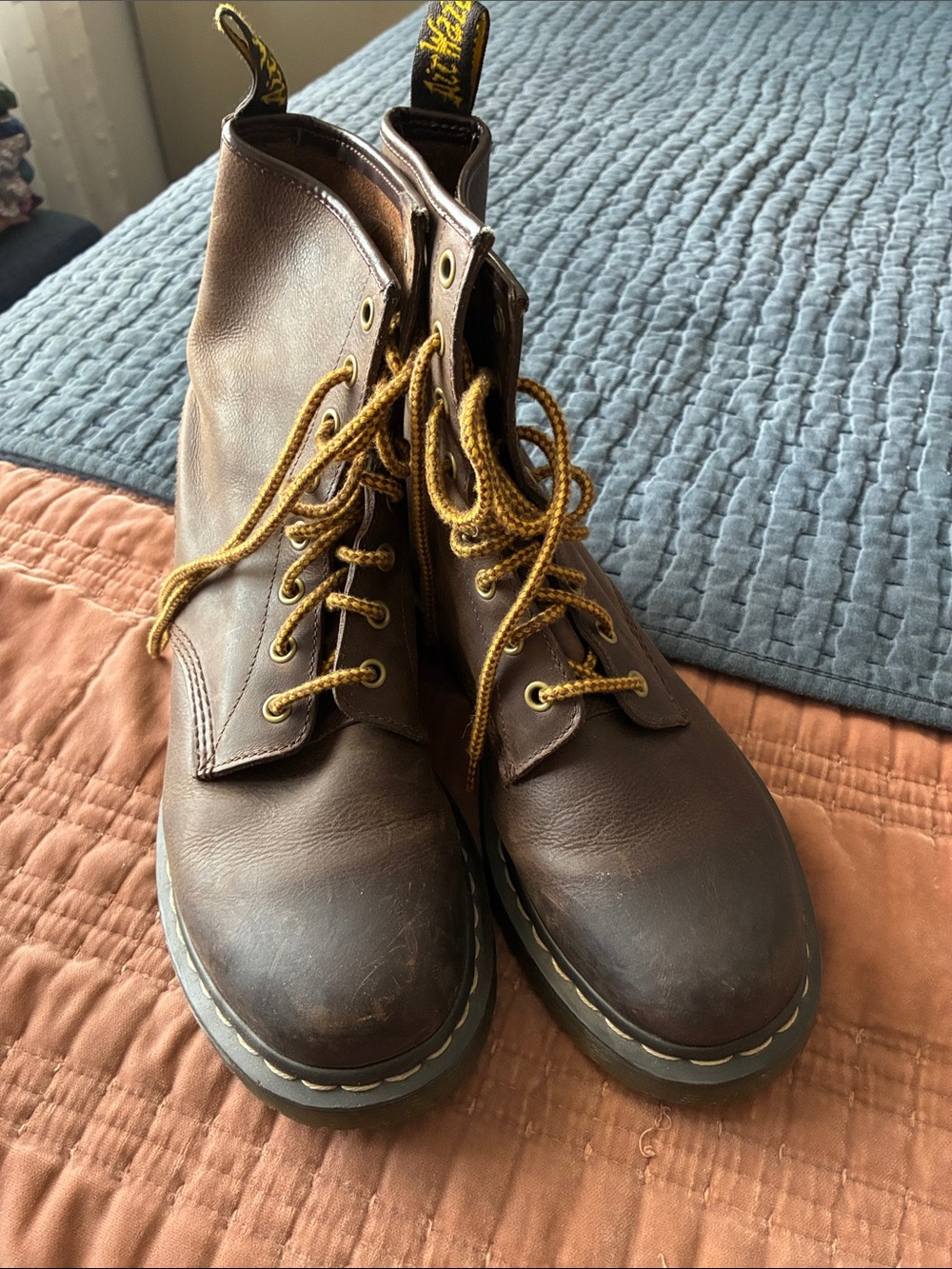Dr. Martens Brown Leather Lace-Up Boots with Yellow Accents